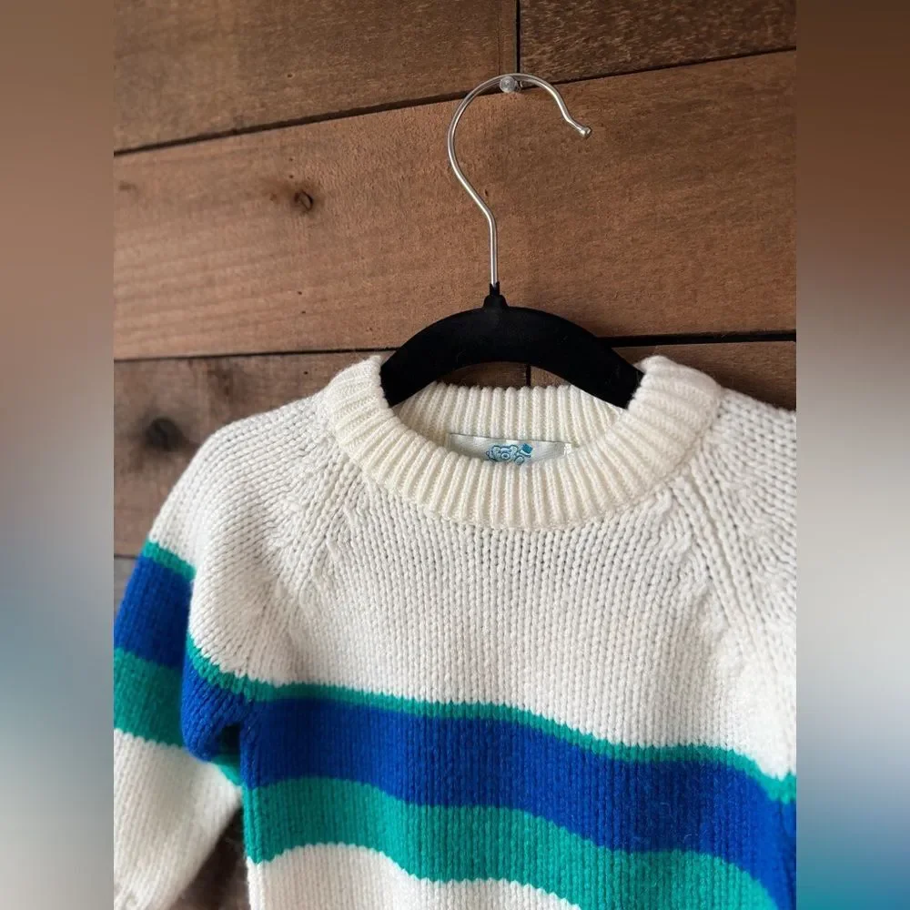 Vintage 80s Stork Club Knit Toddler Set Cream Stripe 12M